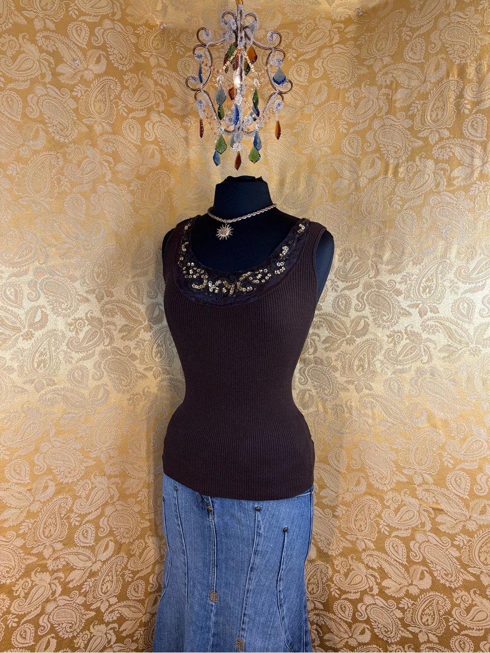 ✨Vintage Y2K Boho Silk Brown Embroidered Sequins & Beaded Ribbed Fairy Tank Top✨